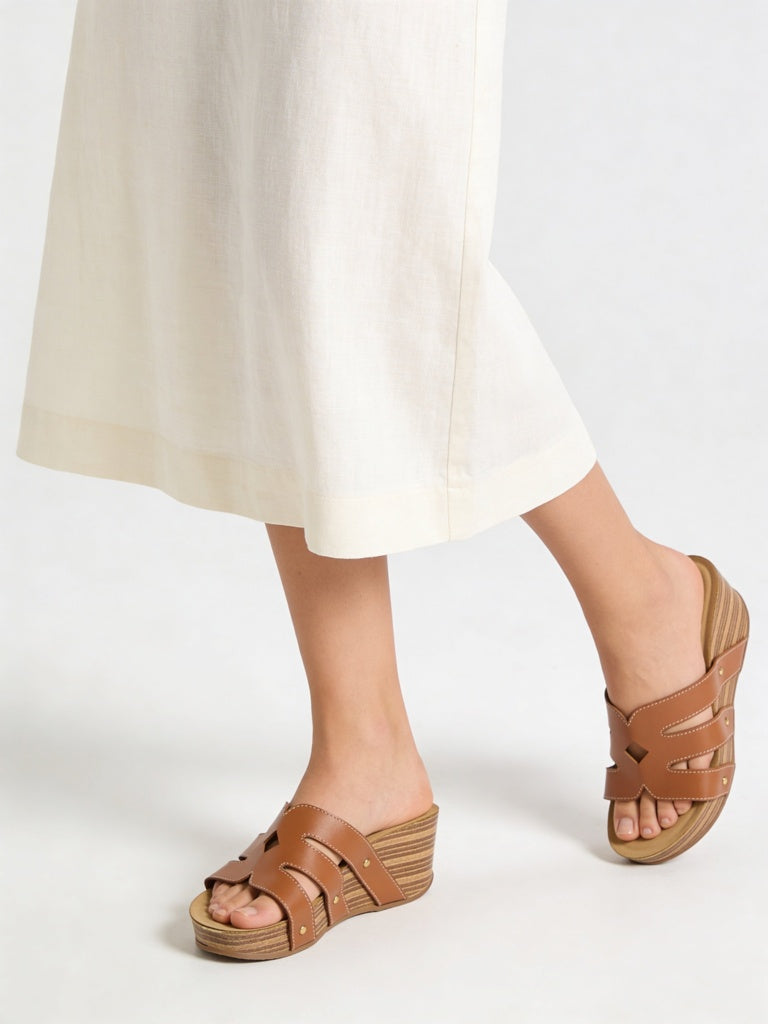 LUNA BLU Tan Cut-Out Detailed Wedge-Heel Sandals