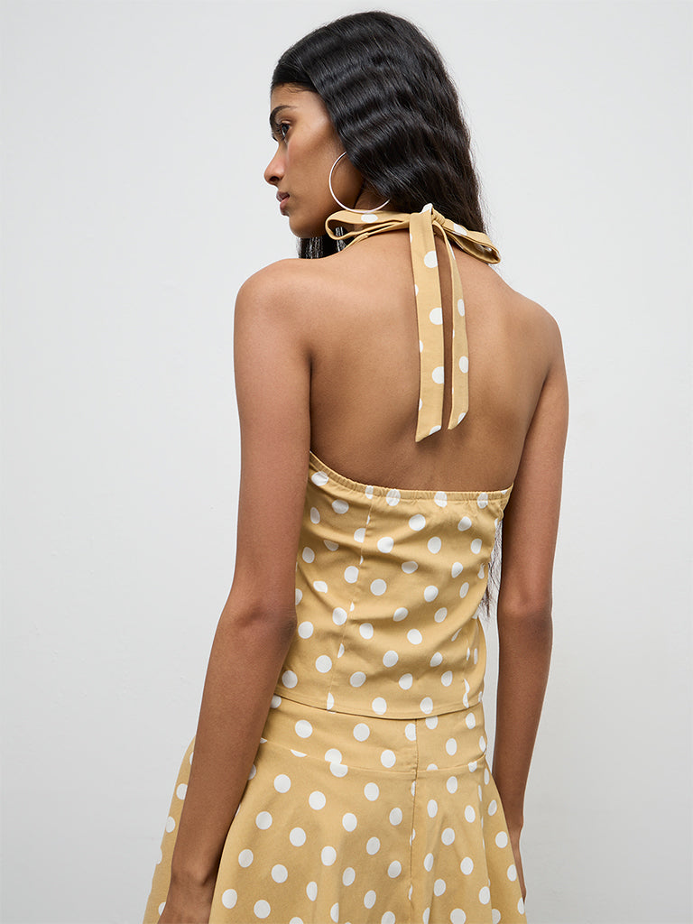 Nuon Mustard Polka Dot Printed Halter Neck Top