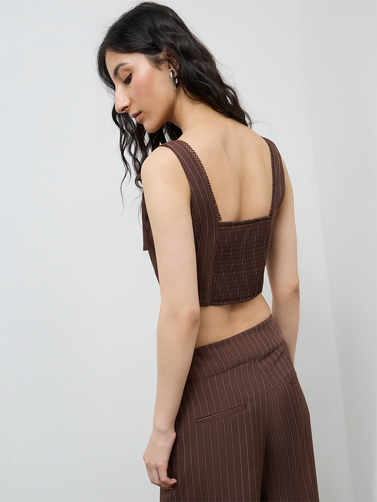 Nuon Dark Brown Striped Printed Top