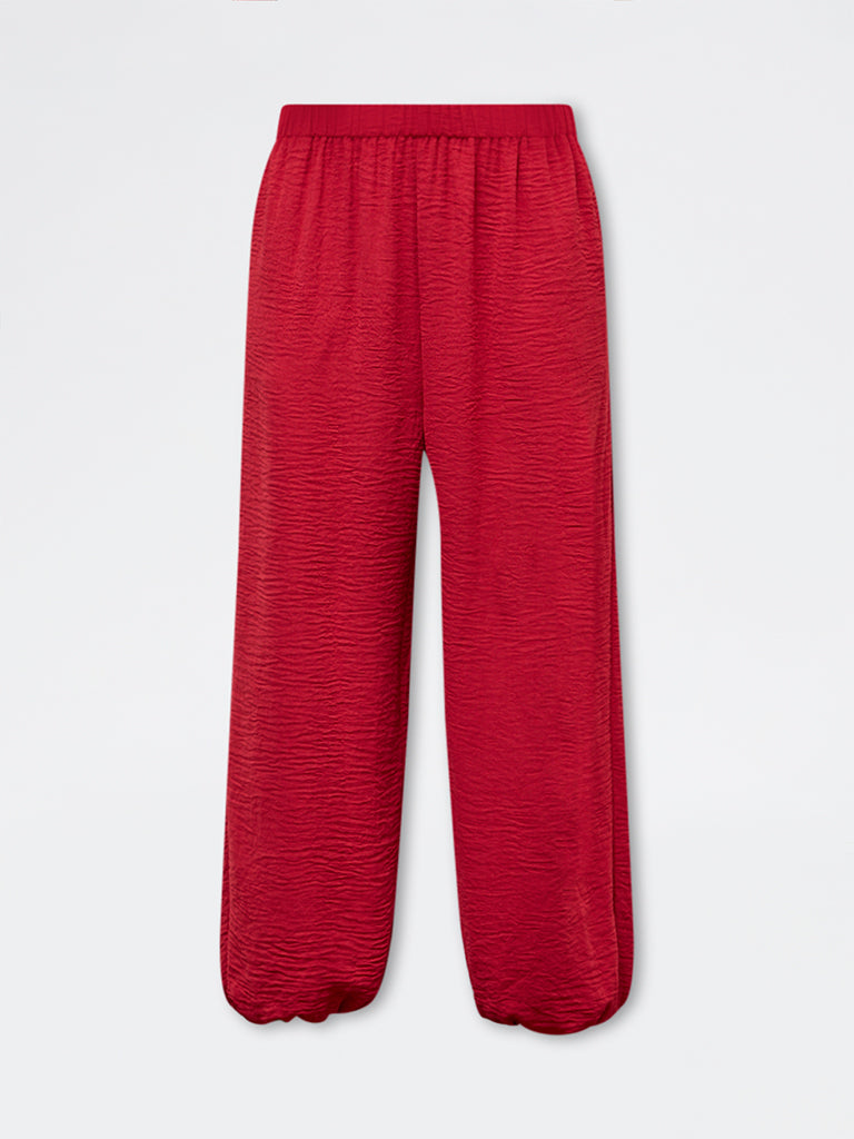 LOV Red Crinkle Textured High-Rise Harem Pants