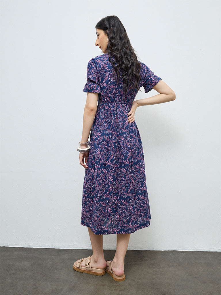 Bombay Paisley Dark Blue Floral Design Cotton A-Line Dress