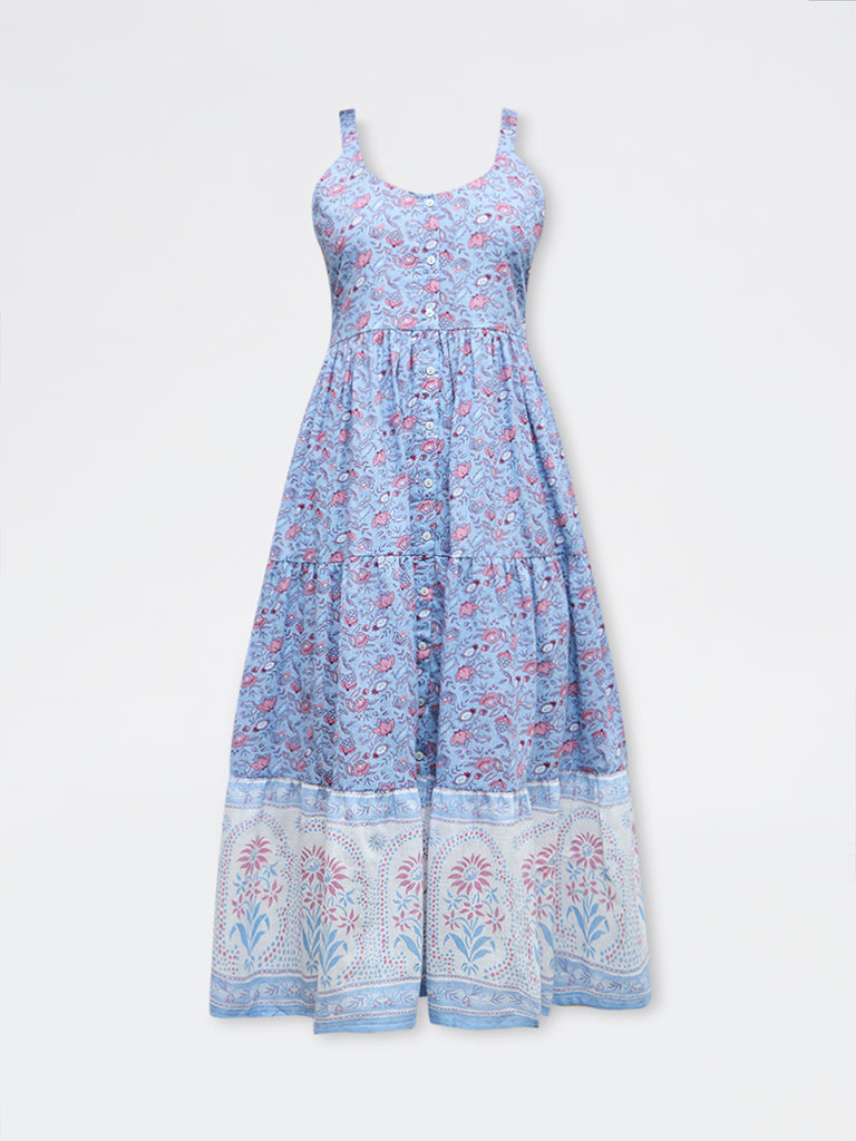 Bombay Paisley Blue Floral Cotton Tiered Dress
