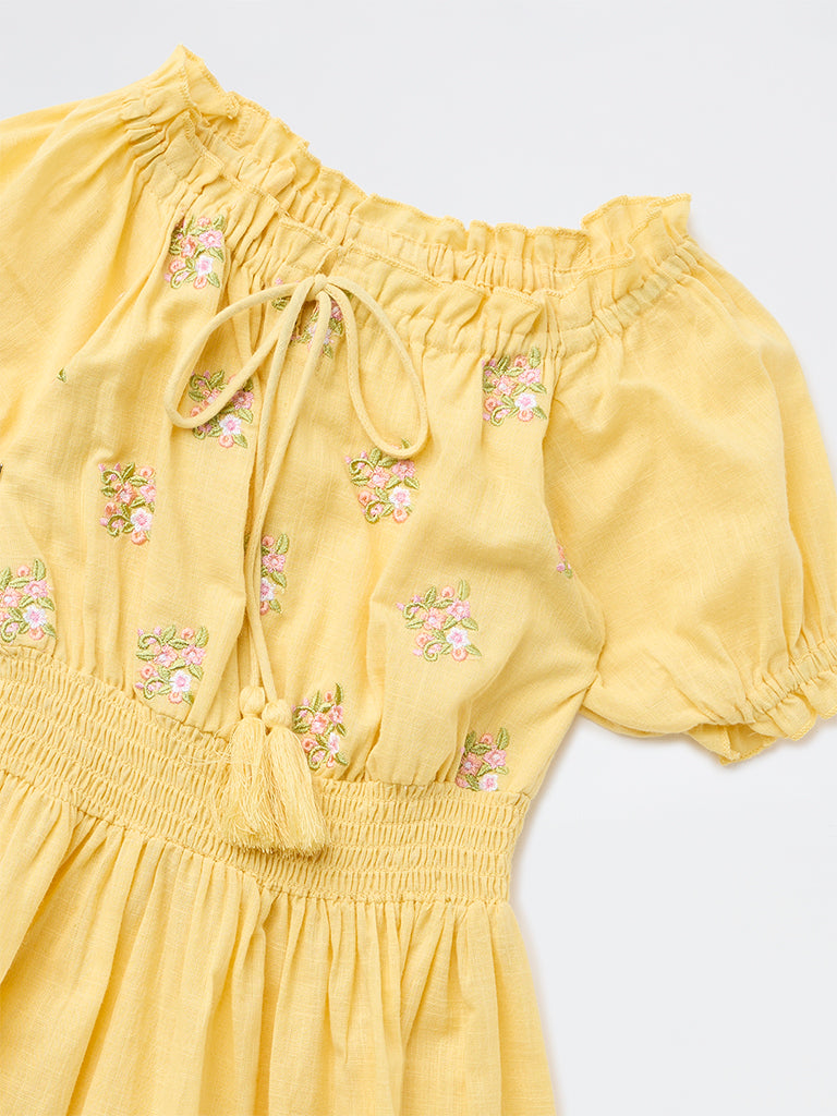 Utsa Kids Girls Yellow Floral Embroidered A-Line Cotton Dress - (8-14 yrs)