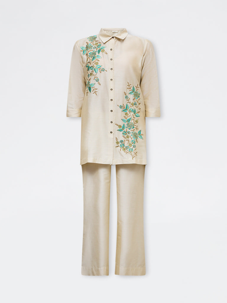 Vark Ivory Floral Embroidered Straight Ethnic Set