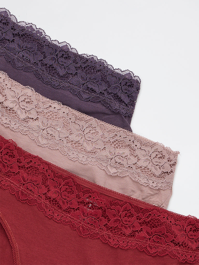 Wunderlove 3-Pack Lace Detailed Hi-Leg Cotton-Blend Briefs