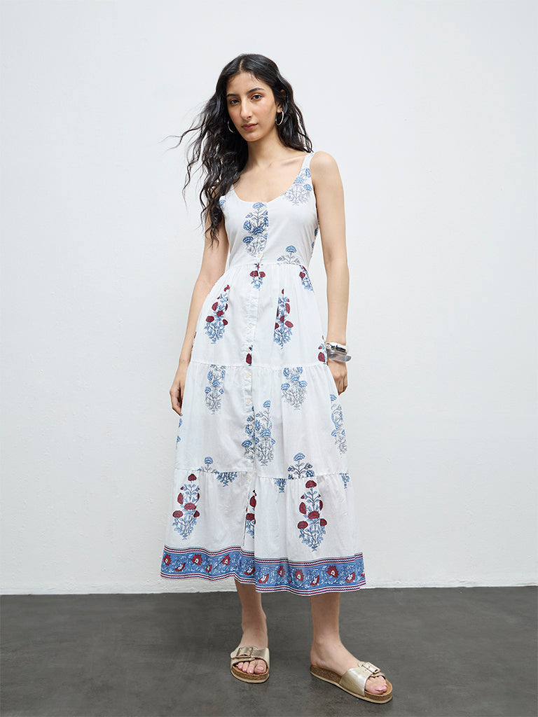 Buy Bombay Paisley White Floral Cotton Tiered Dress from Westside