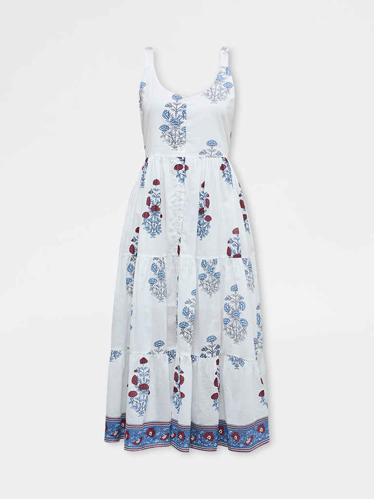 Bombay Paisley White Floral Cotton Tiered Dress