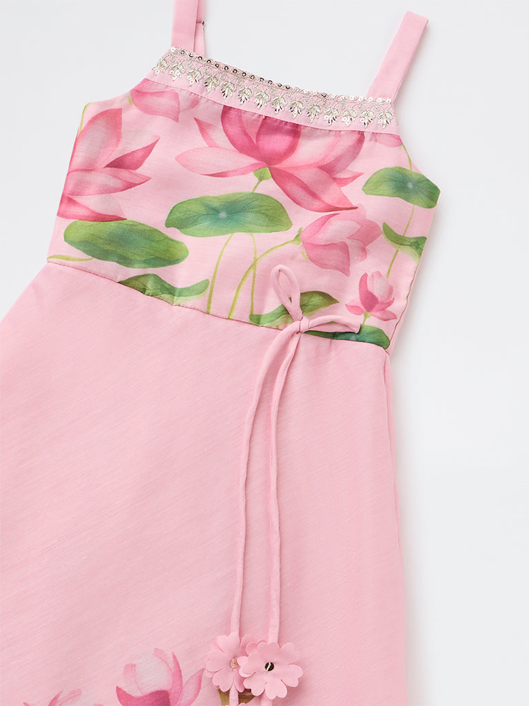 Utsa Kids Girls Pink Floral Printed A-Line Dress - (2-8 yrs)