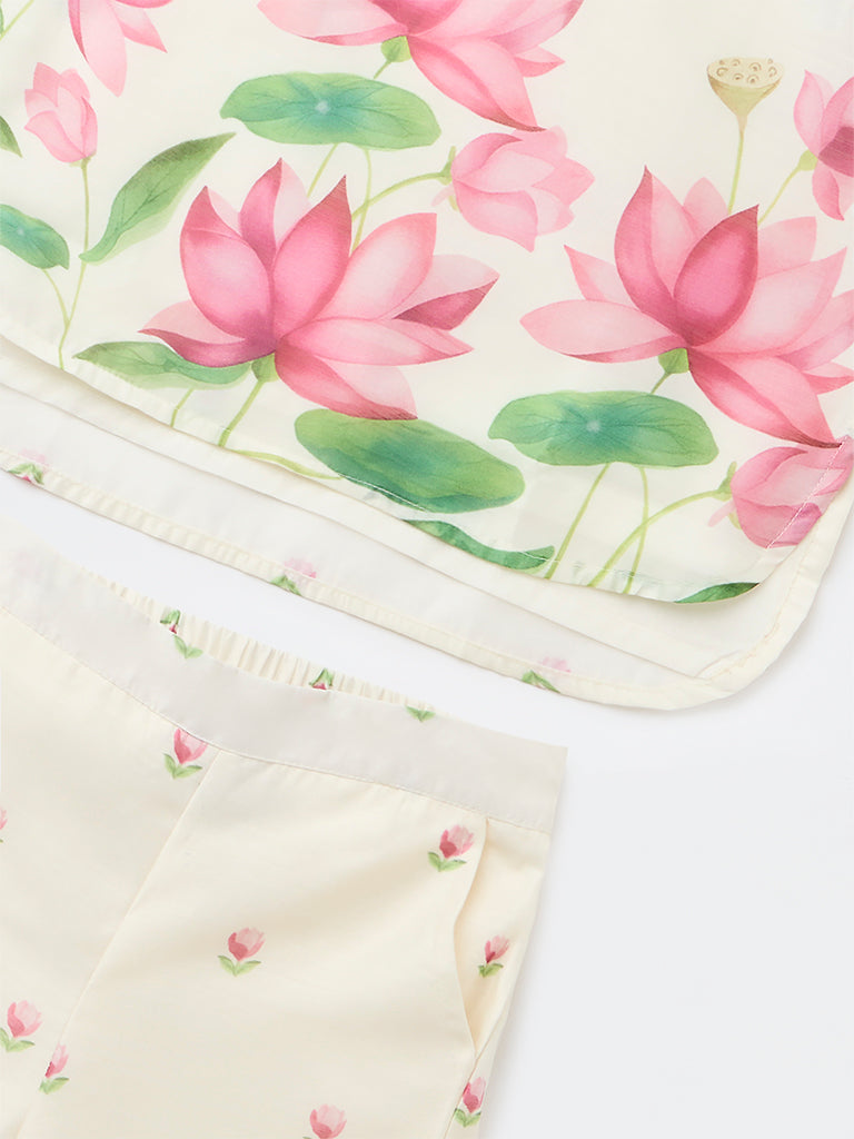 Utsa Kids Girls Off-White Floral Printed Blouse and Pants Set - (8-14 yrs)