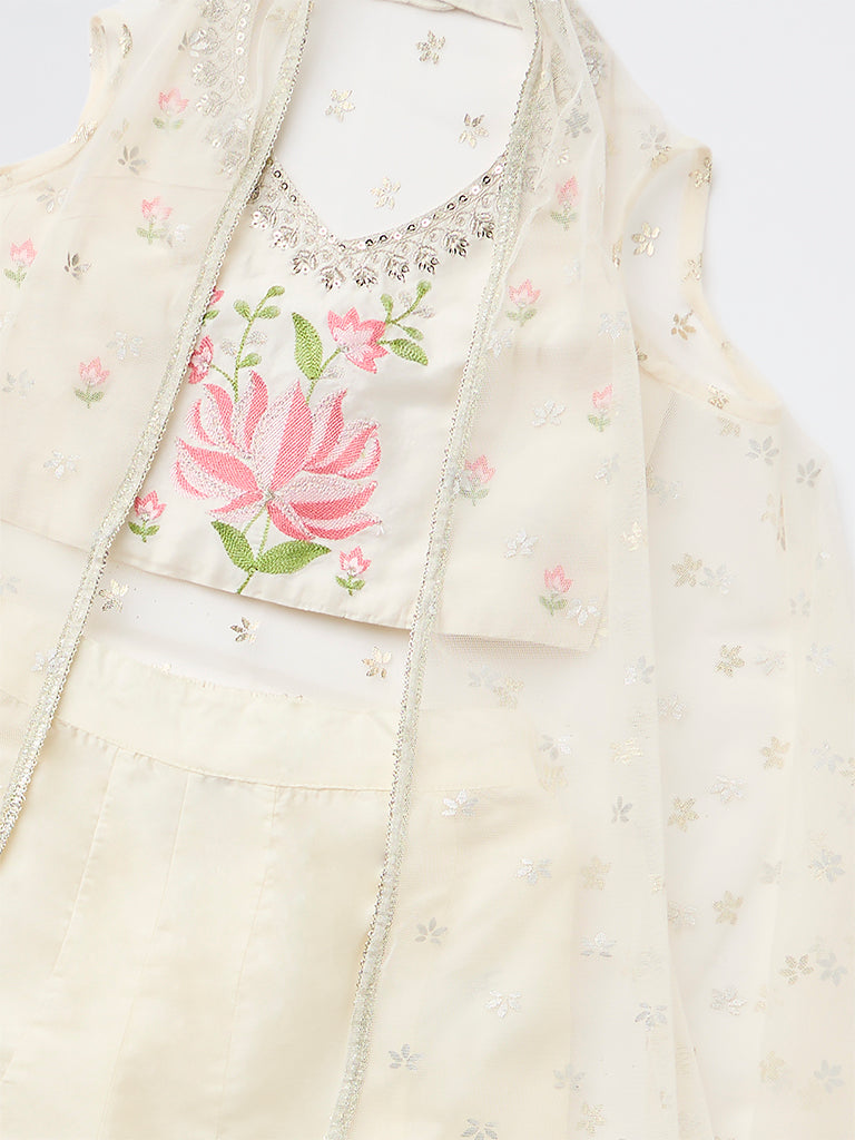 Utsa Kids Girls Off-White Floral Embroidered Top Palazzo and Shrug Set - (8-14 yrs)