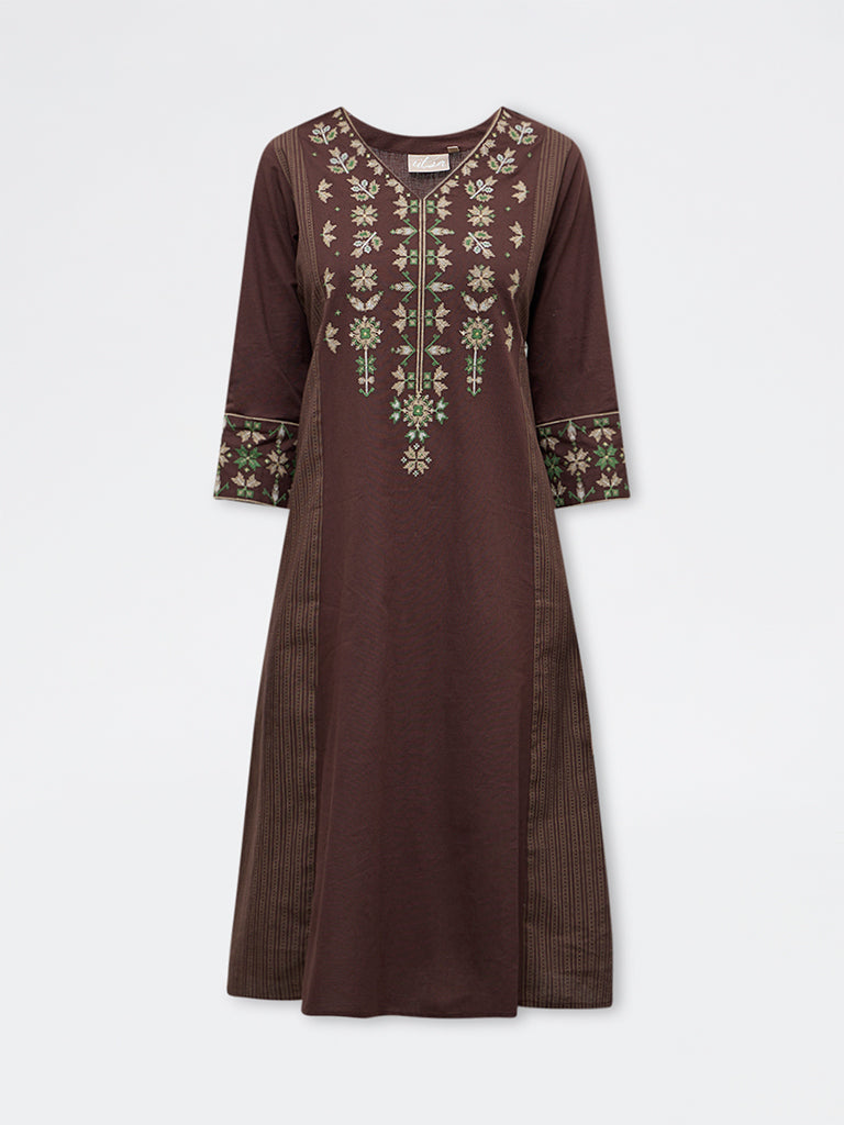 Utsa Dark Brown Aztec Embroidered Cotton-Blend A-Line Kurta