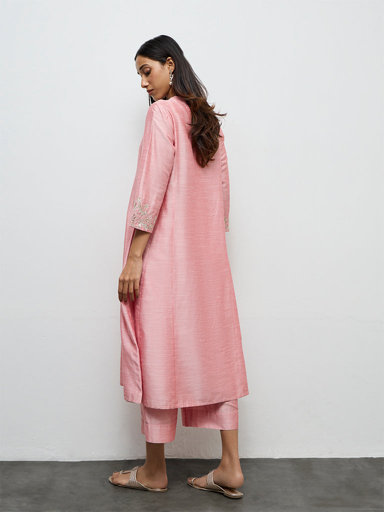 Utsa Pink Floral Embroidered A-Line Kurta