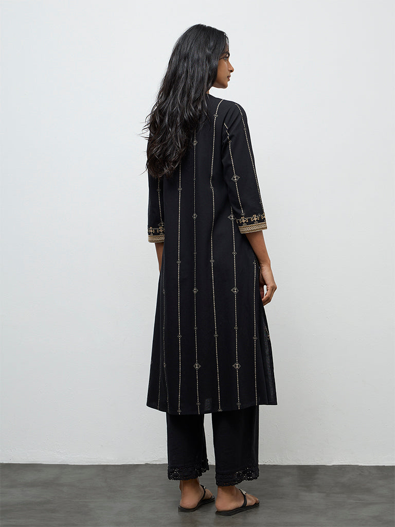 Utsa Black Embroidered Cotton-Blend A-Line Kurta