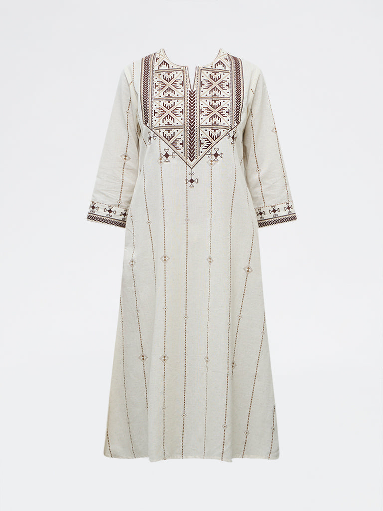 Utsa Off-White Aztec Embroidered Cotton-Blend A-Line Kurta