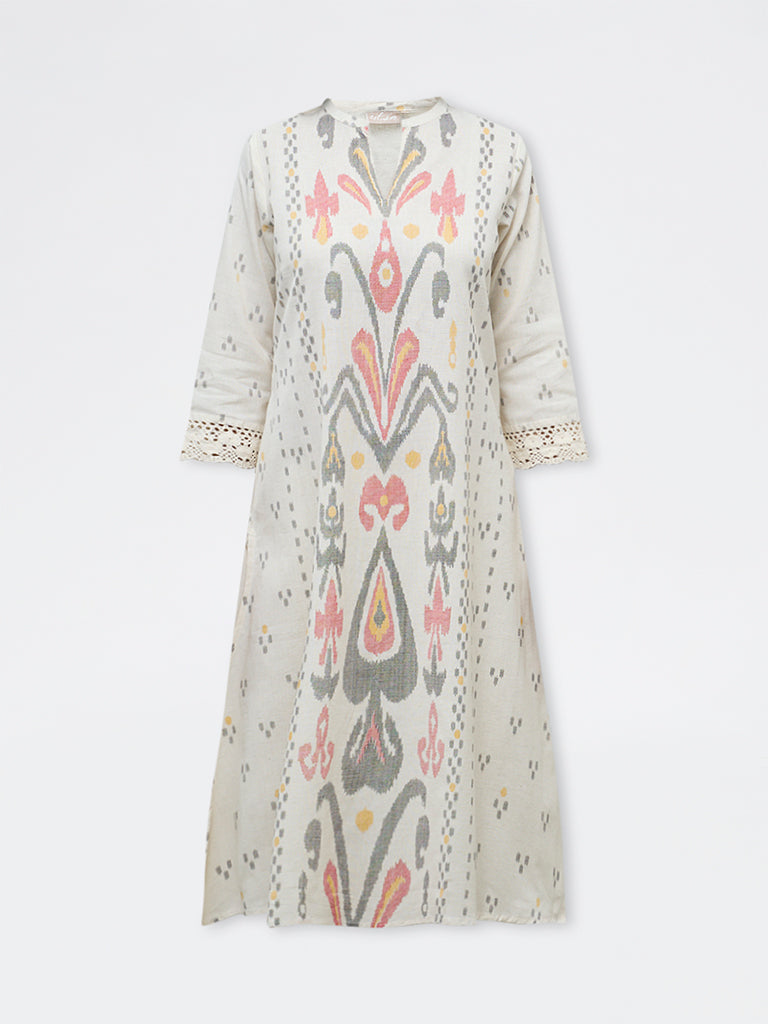 Utsa Off-White Ikat Printed Cotton-Blend A-Line Kurta