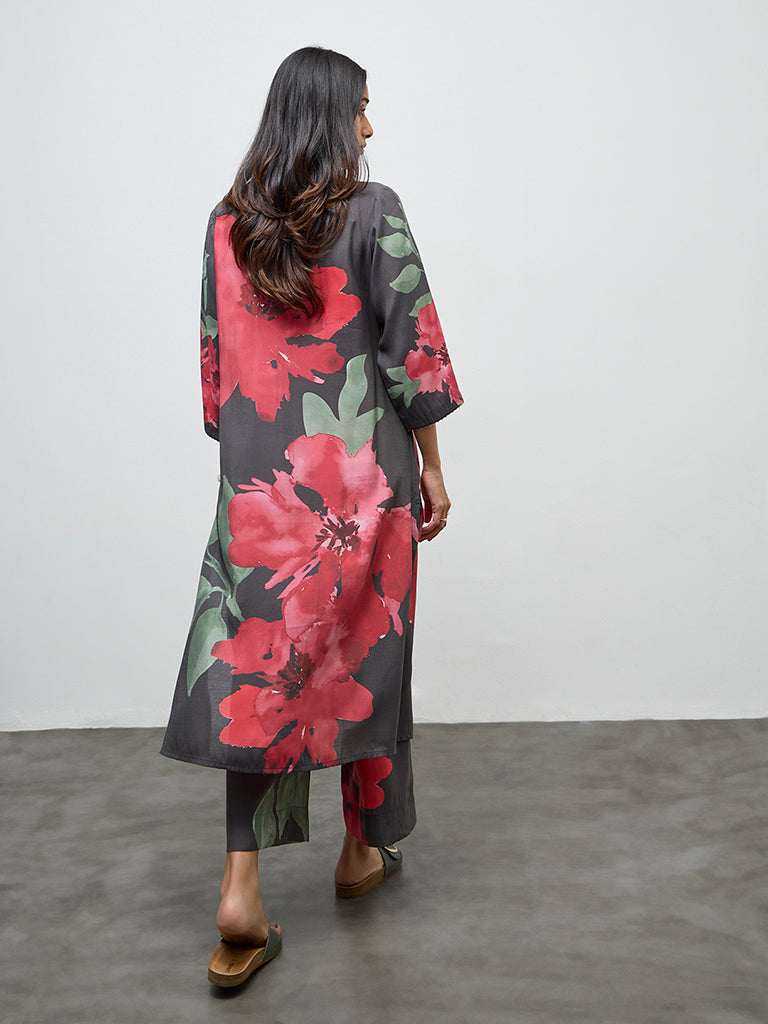 Utsa Charcoal Floral Detailed A-Line Kurta