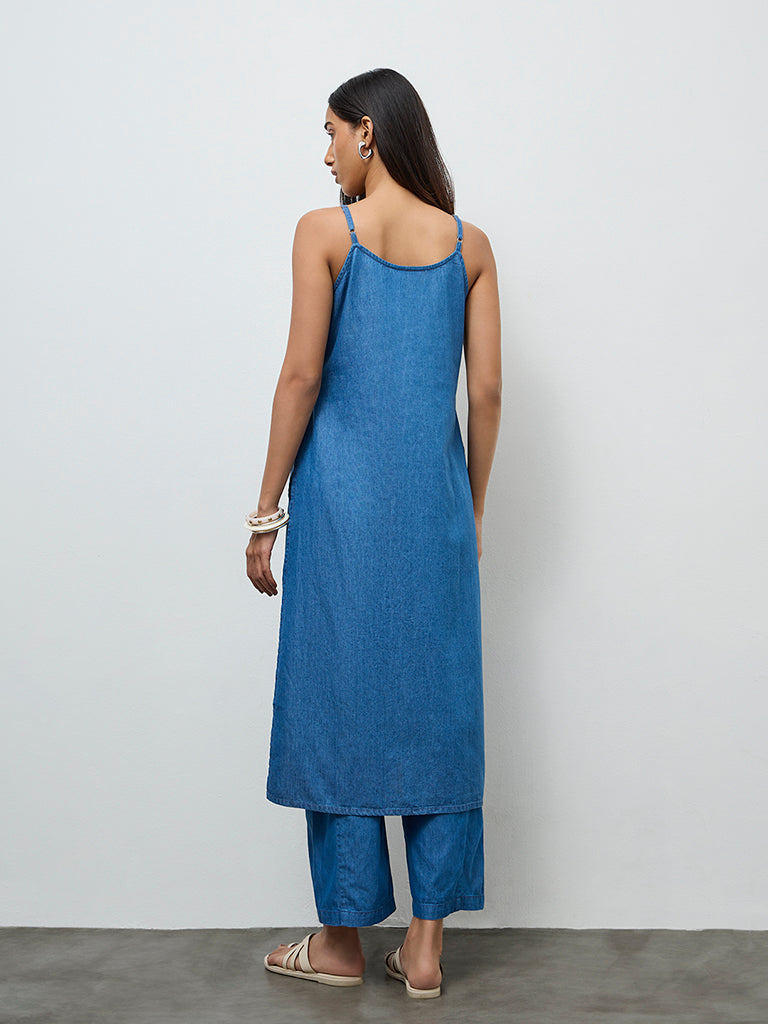 Utsa Indigo Embroidered Denim A-Line Kurta