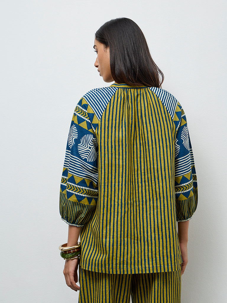 Utsa Olive Striped Cotton Tunic