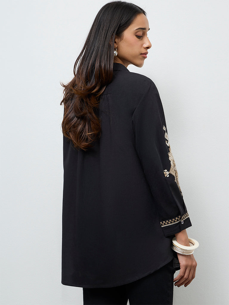 Utsa Black Aztec Embroidered Cotton Tunic