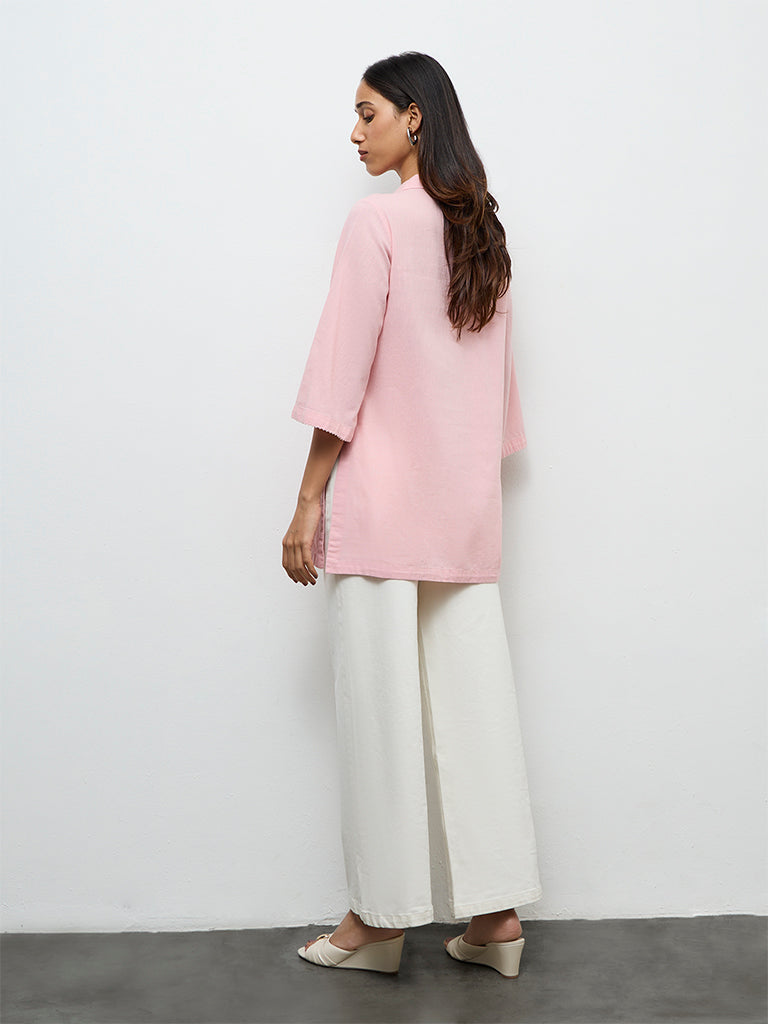 Utsa Pink Floral Embroidered Cotton-Blend Tunic