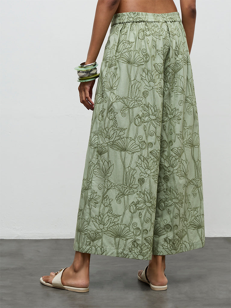 Utsa Sage Floral Embroidered Cotton Pants