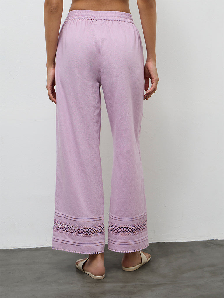 Utsa Lilac Crochet Detailed Cotton-Blend Pants