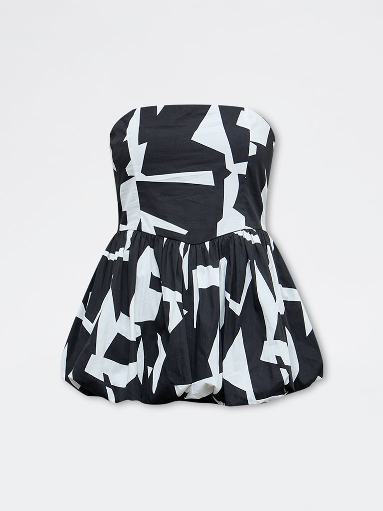 Wardrobe Black Printed Cotton Peplum Top