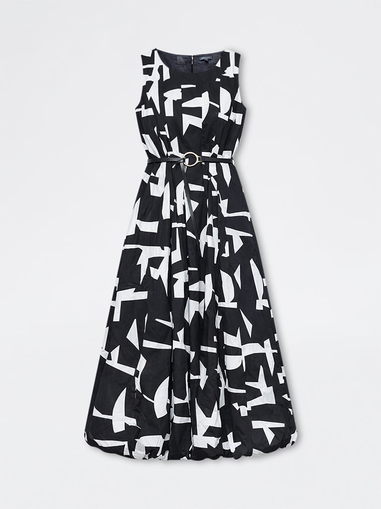 Wardrobe Black Abstract Cotton A-Line Dress with Belt