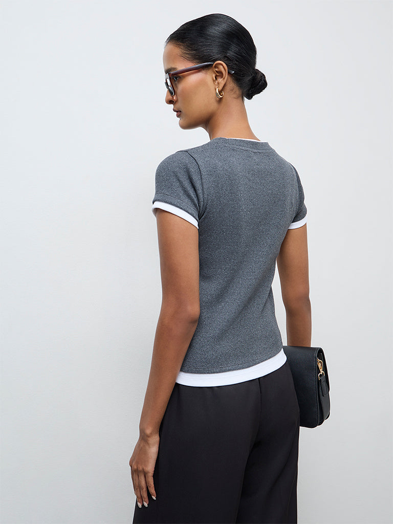 Wardrobe Grey Ribbed-Textured T-Shirt