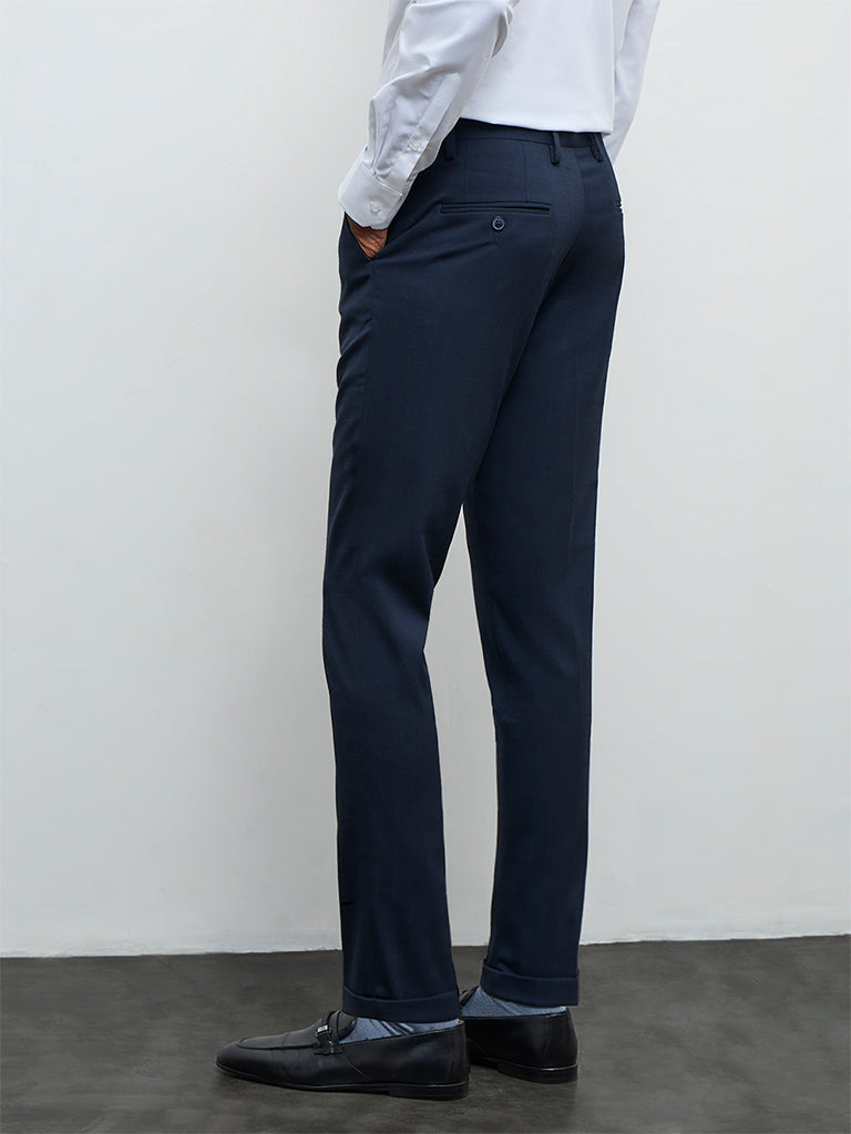WES Formals Navy Slim-Fit Mid-Rise Trousers