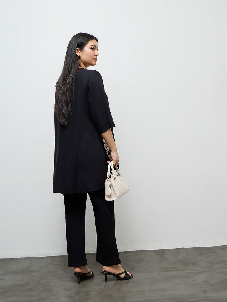 Diza Black Floral Embroidered High-Low Tunic
