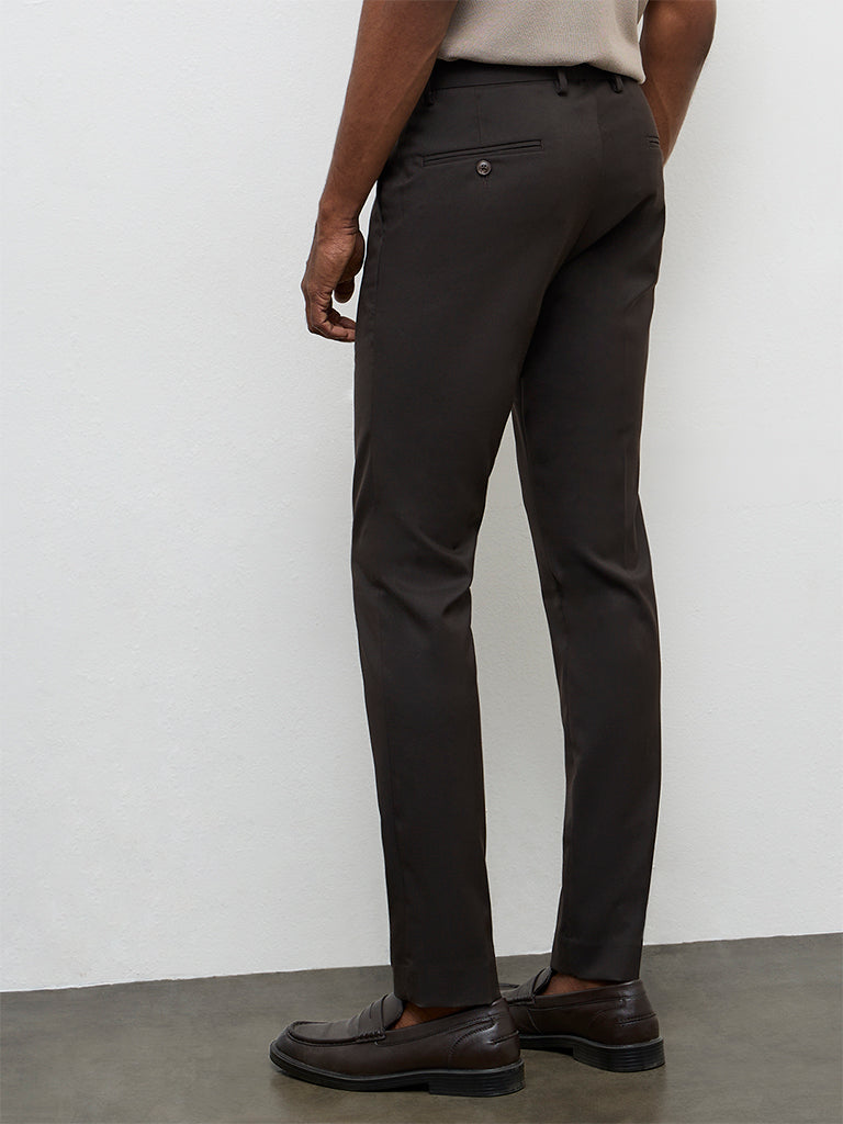 WES Formals Dark Brown Ultra Slim-Fit Mid-Rise Trousers