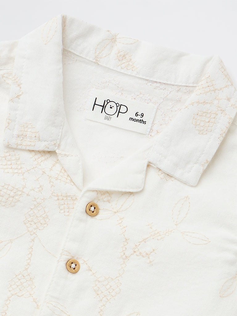 HOP Baby Boys White Embroidered Cotton-Blend Shirt