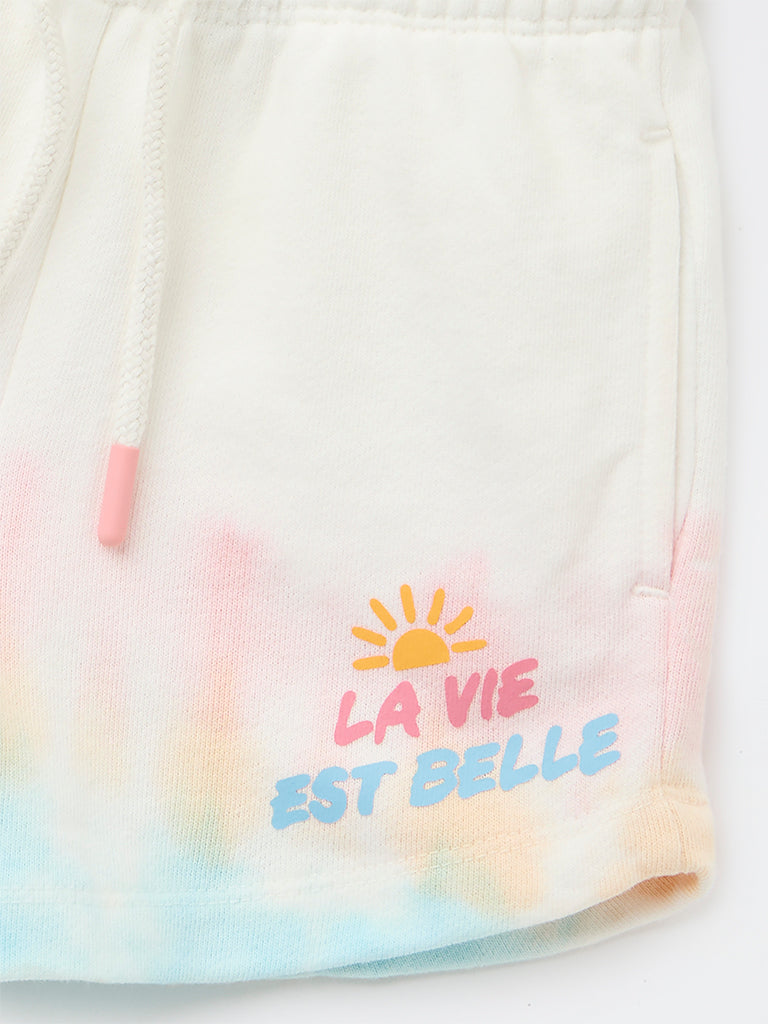 HOP Kids Girls Off-White Tie-Dye Pattern High-Rise Cotton Shorts