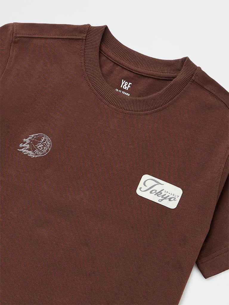 Boys Dark Brown Graphic Printed Cotton T-Shirt