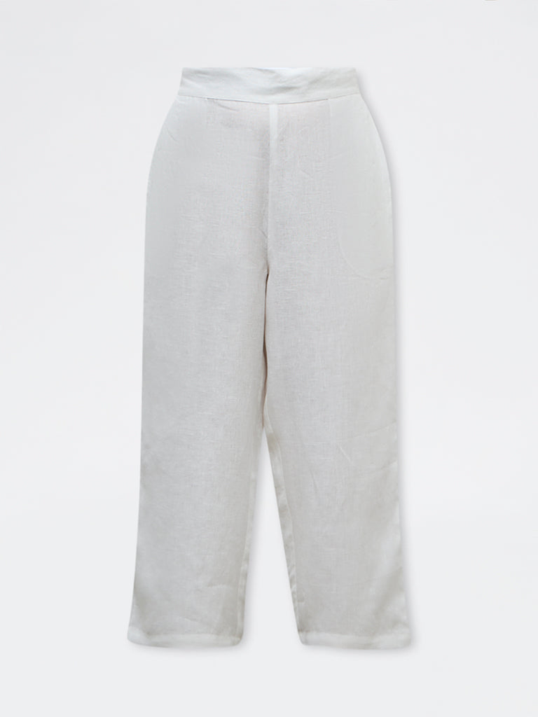 Diza White Solid Linen Pants