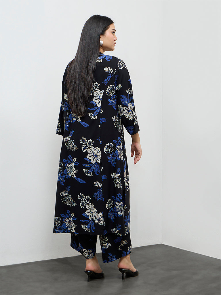 Diza Black Botanical Printed A-Line Kurta