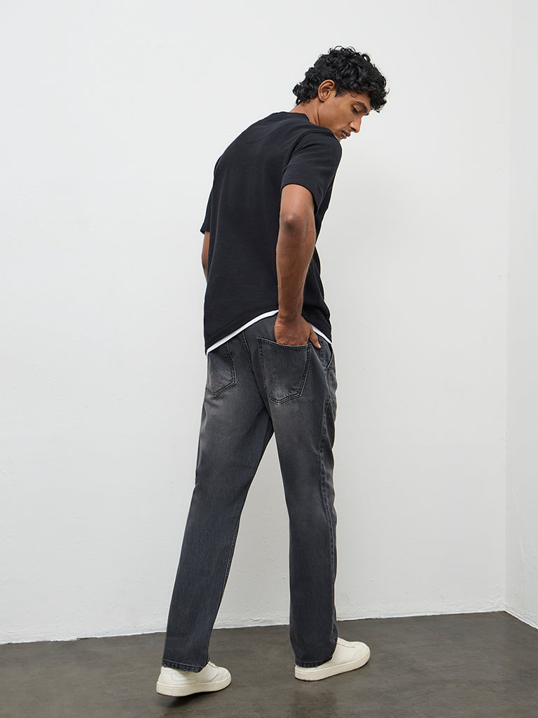 WES Casuals Black Relaxed-Fit Mid-Rise Jeans