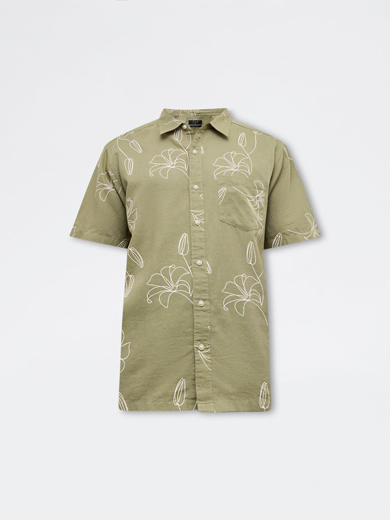 WES Casuals Green Printed Relaxed Fit Cotton-Blend Shirt