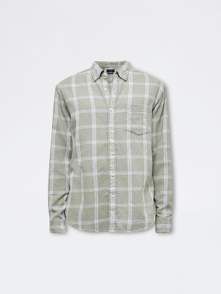 WES Casuals Sage Checks Relaxed-Fit Cotton Shirt
