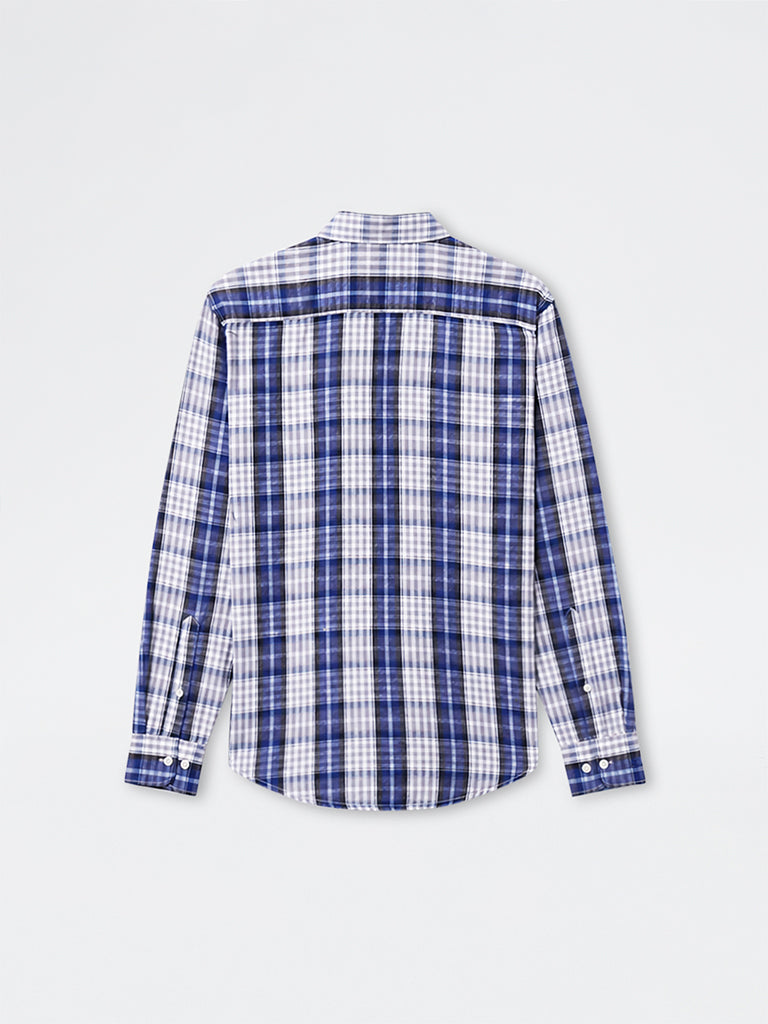 WES Casuals Navy Checkered Relaxed-Fit Cotton-Blend Shirt