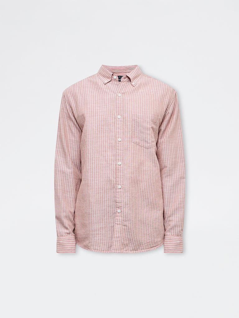 WES Casuals Dusty Pink Striped Relaxed Fit Cotton-Blend Shirt