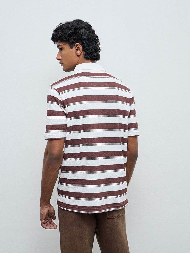 WES Casuals Dark Brown Striped Relaxed Fit Cotton-Blend Polo T-Shirt