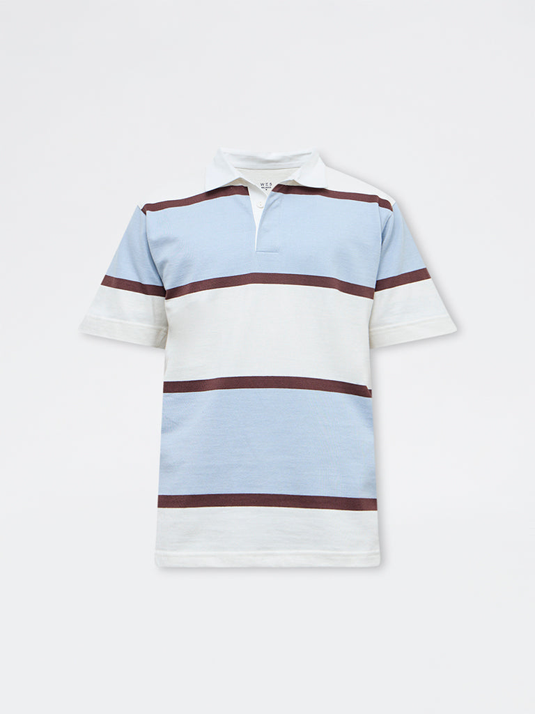 WES Casuals Light Blue Striped Relaxed Fit Polo T-Shirt
