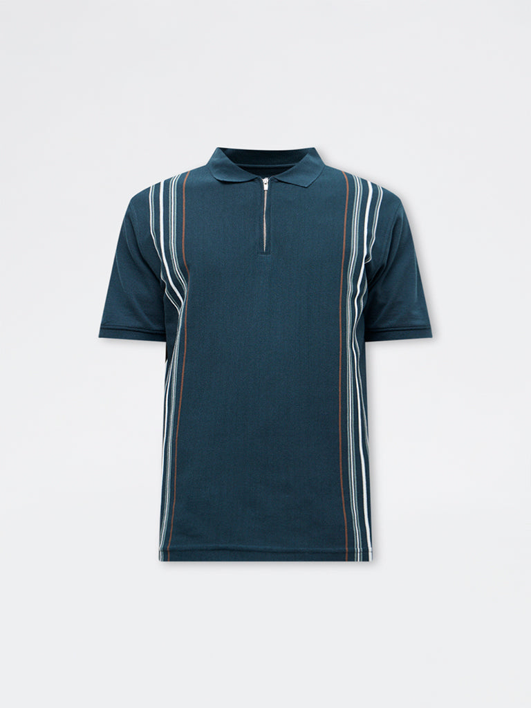 WES Casuals Green Striped Relaxed Fit Quarter-Zip Polo T-Shirt