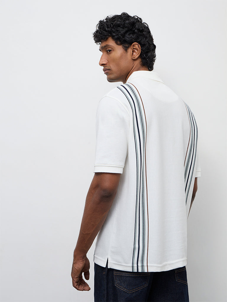 WES Casuals Off-White Striped Relaxed Fit Quarter-Zip Polo T-Shirt