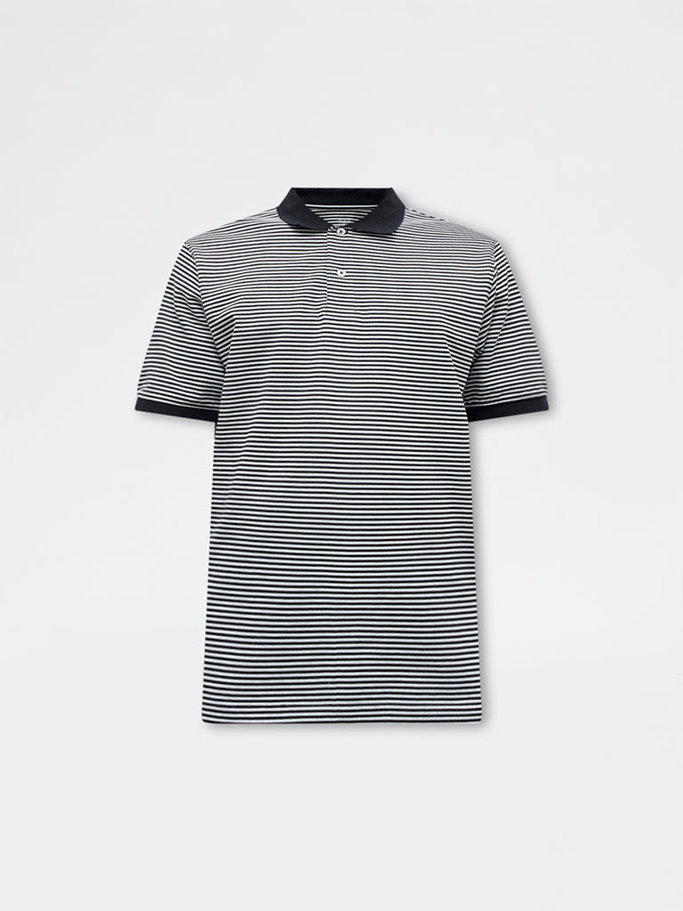 WES Casuals Black Striped Relaxed-Fit Polo T-Shirt