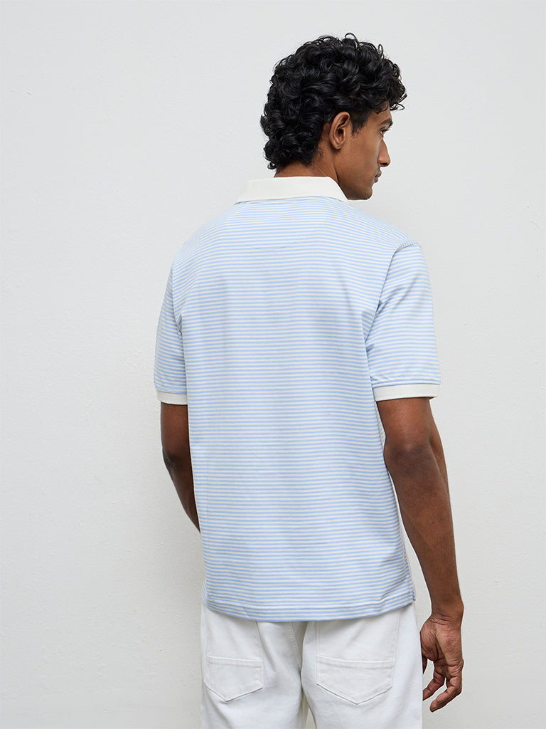 WES Casuals Light Blue Striped Relaxed-Fit Cotton-Blend Polo T-Shirt