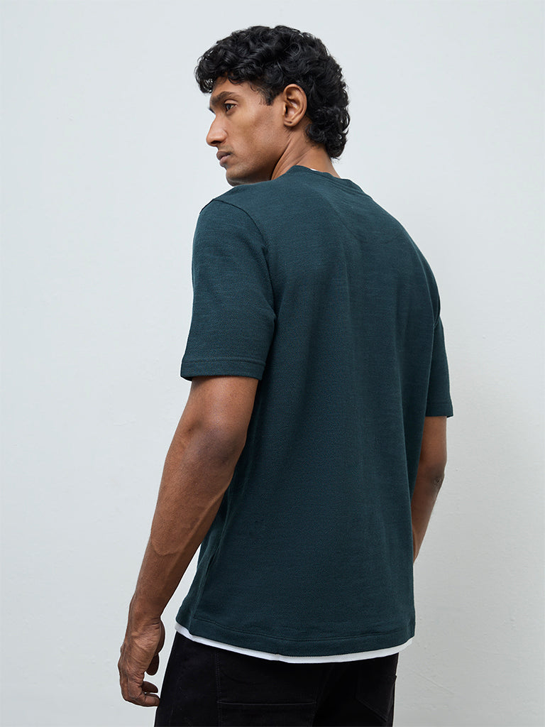 WES Casuals Green Textured Relaxed-Fit Cotton T-Shirt