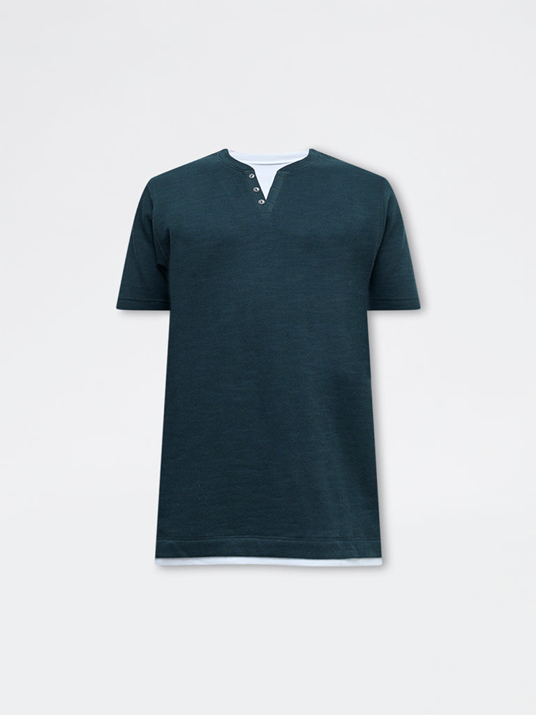 WES Casuals Green Textured Relaxed-Fit Cotton T-Shirt